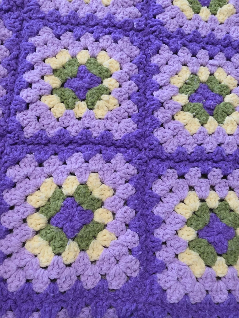 Handmade Purple Granny Square Crochet Blanket with Yellow & Green Accents 49x86